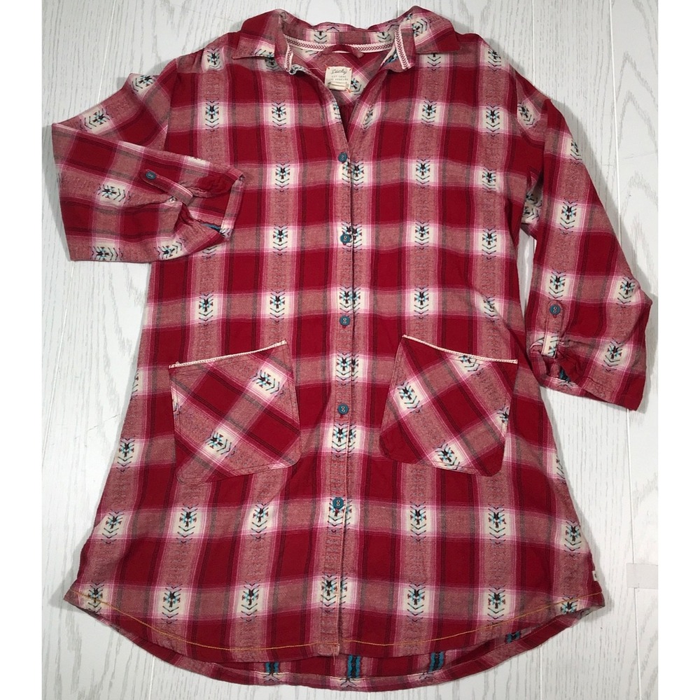 Lucky Brand Tunic Smock Shirt Women M Red Plaid Aztec Roll Tab Sleeve Pockets